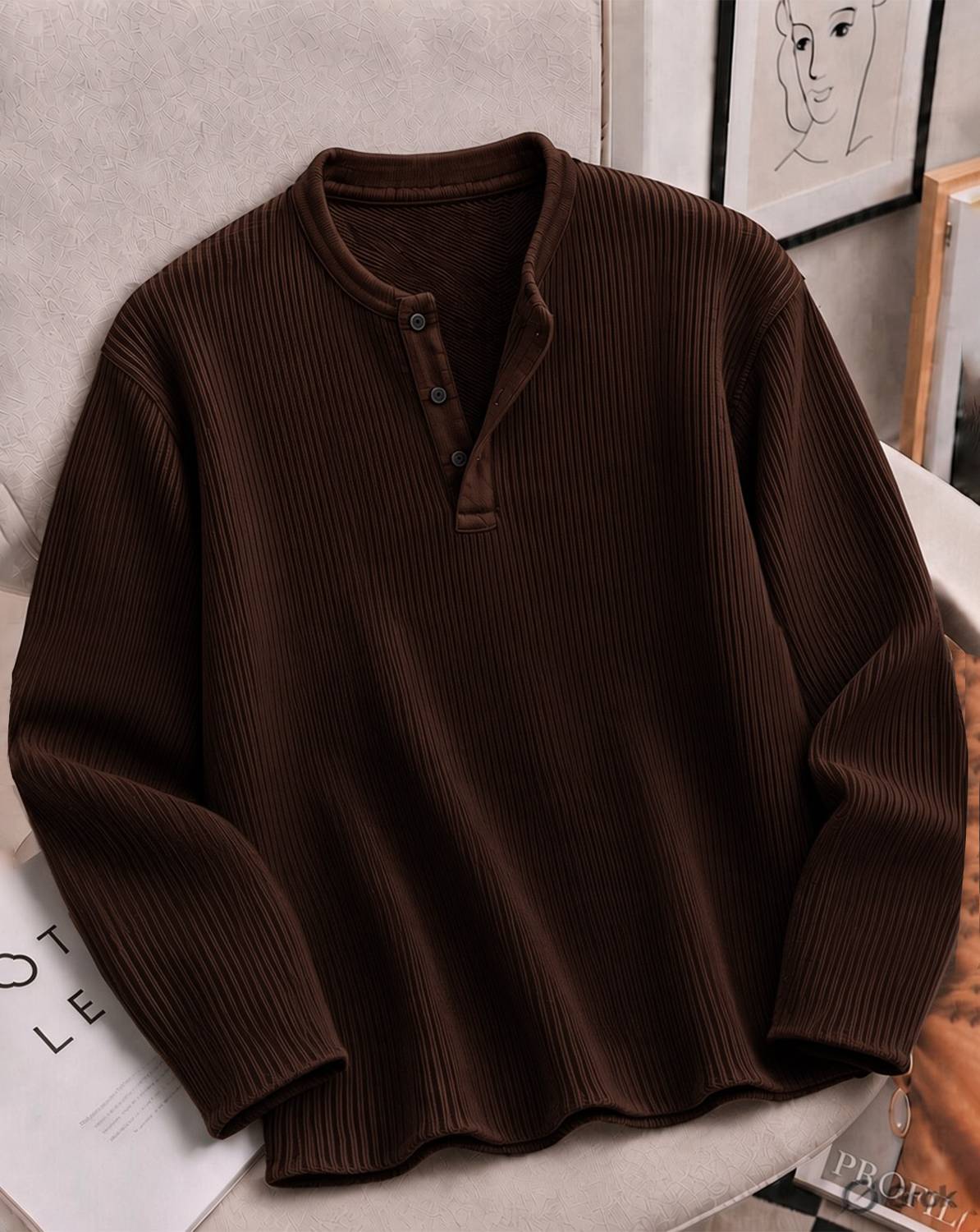 AOOSH Men Henley Neck Brown T-Shirt - Image 1