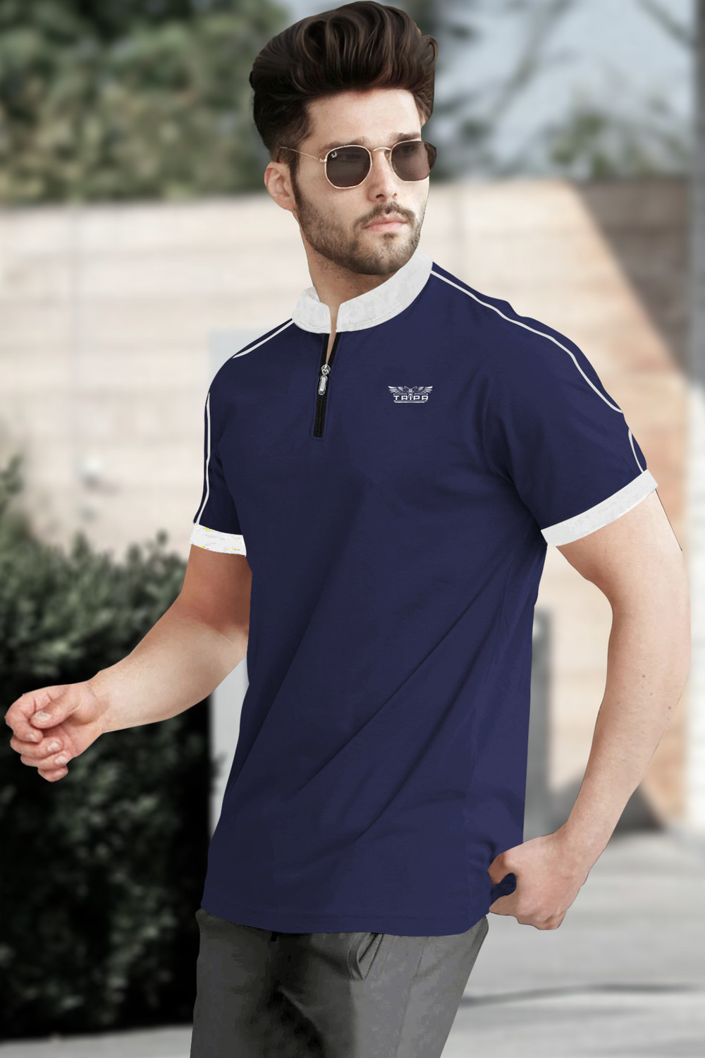 Image of TRIPR Solid Men Mandarin Collar Navy Blue T-Shirt