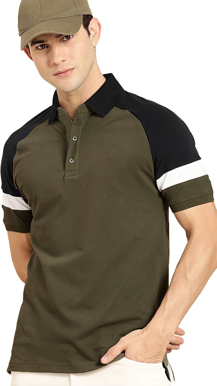 Leotude Men Colorblock Polo Neck Cotton Blend Green T-Shirt