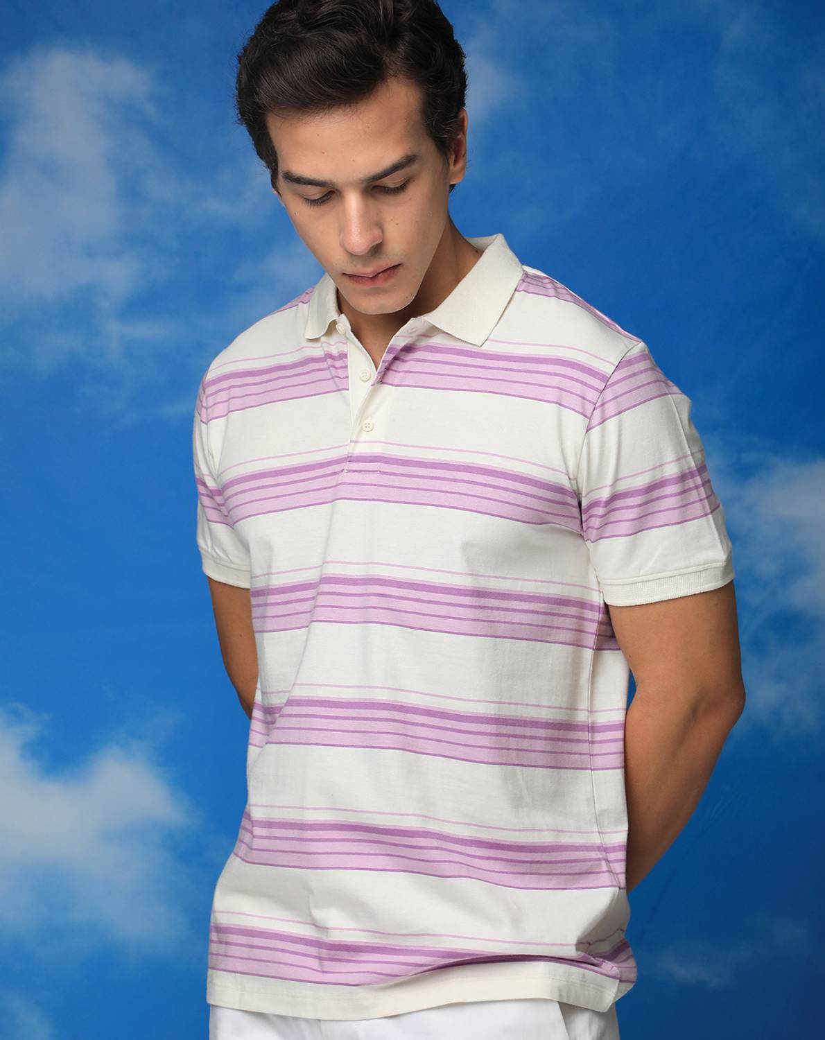 RARE RABBIT Beige Striped Polo Neck T-Shirt - Image 5
