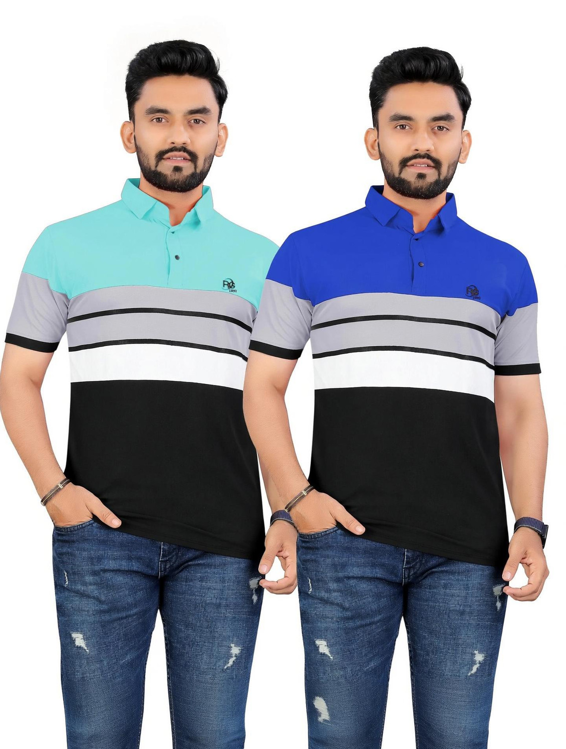 Image of rggarment Colorblock Men Polo Neck Light Blue, Blue T-Shirt