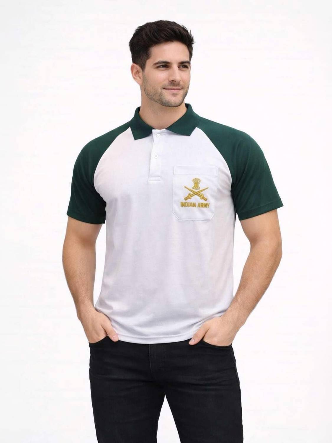 army apparel Solid, Printed, Embroidered Men Round Neck White, Dark Green T-Shirt