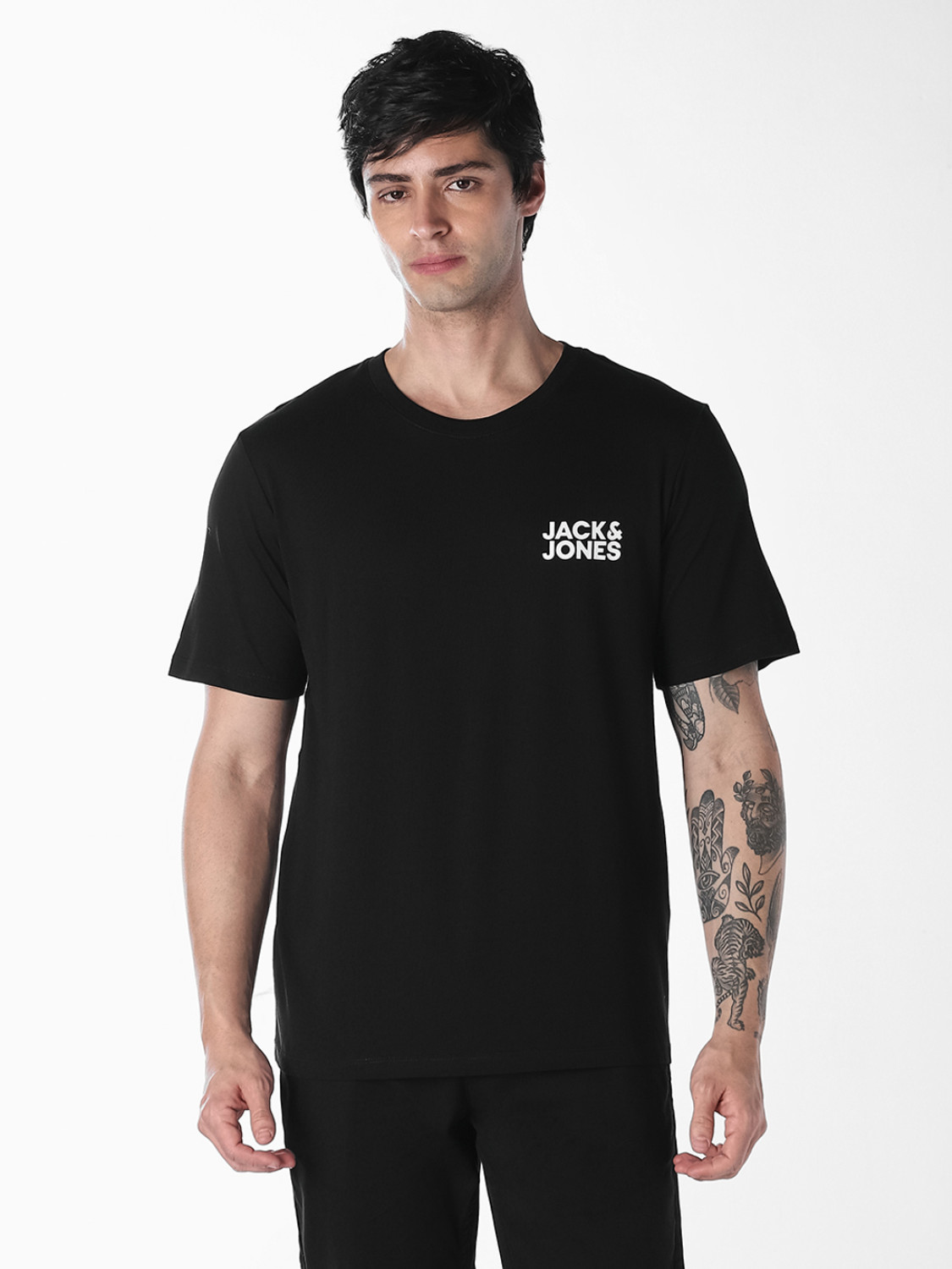 Image of JACK & JONES Typography Men Round Neck Black T-Shirt