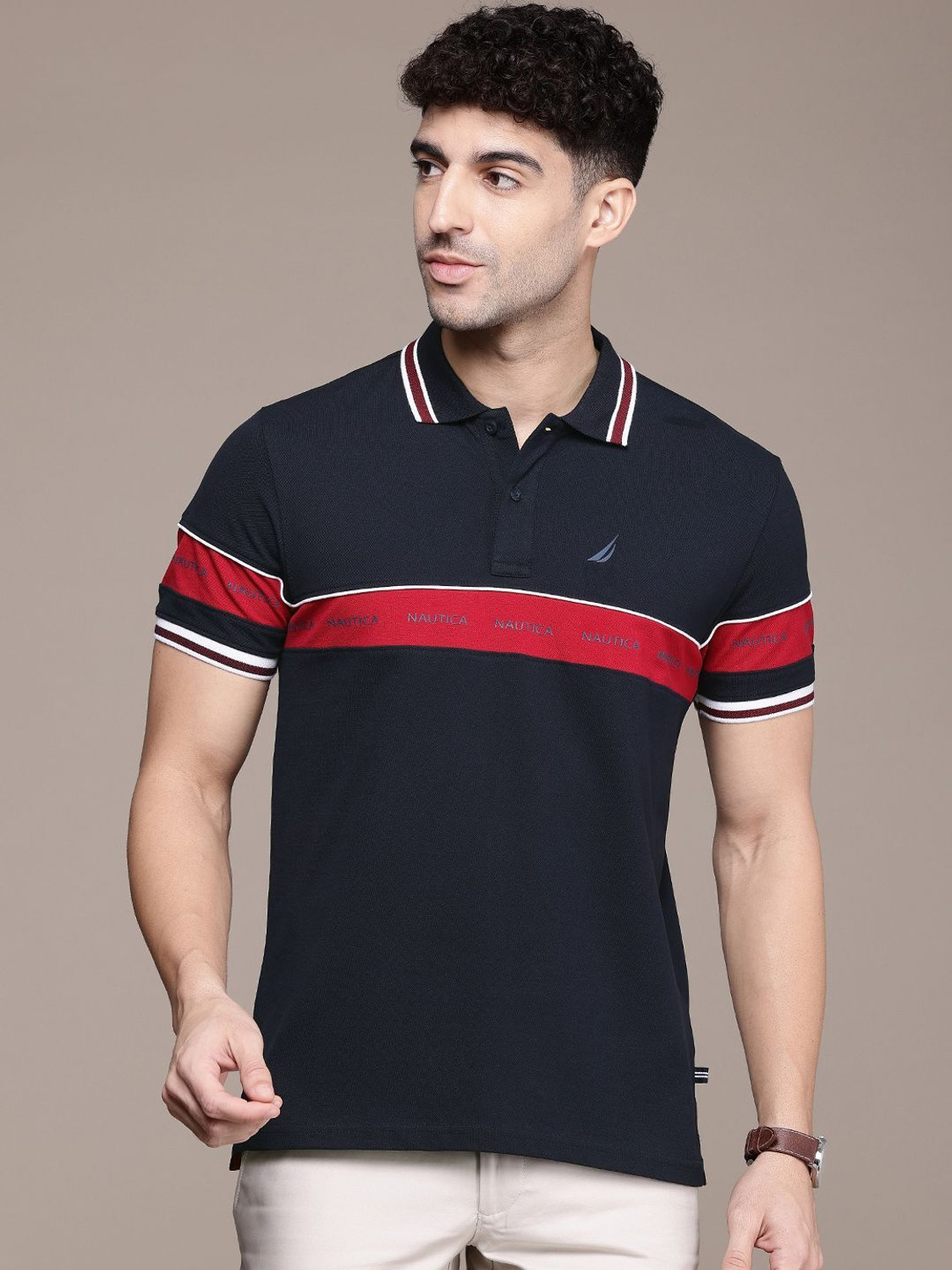 Image of NAUTICA Striped Men Polo Neck Blue T-Shirt