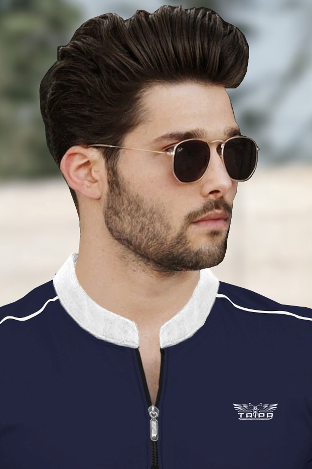 Image of TRIPR Solid Men Mandarin Collar Navy Blue T-Shirt
