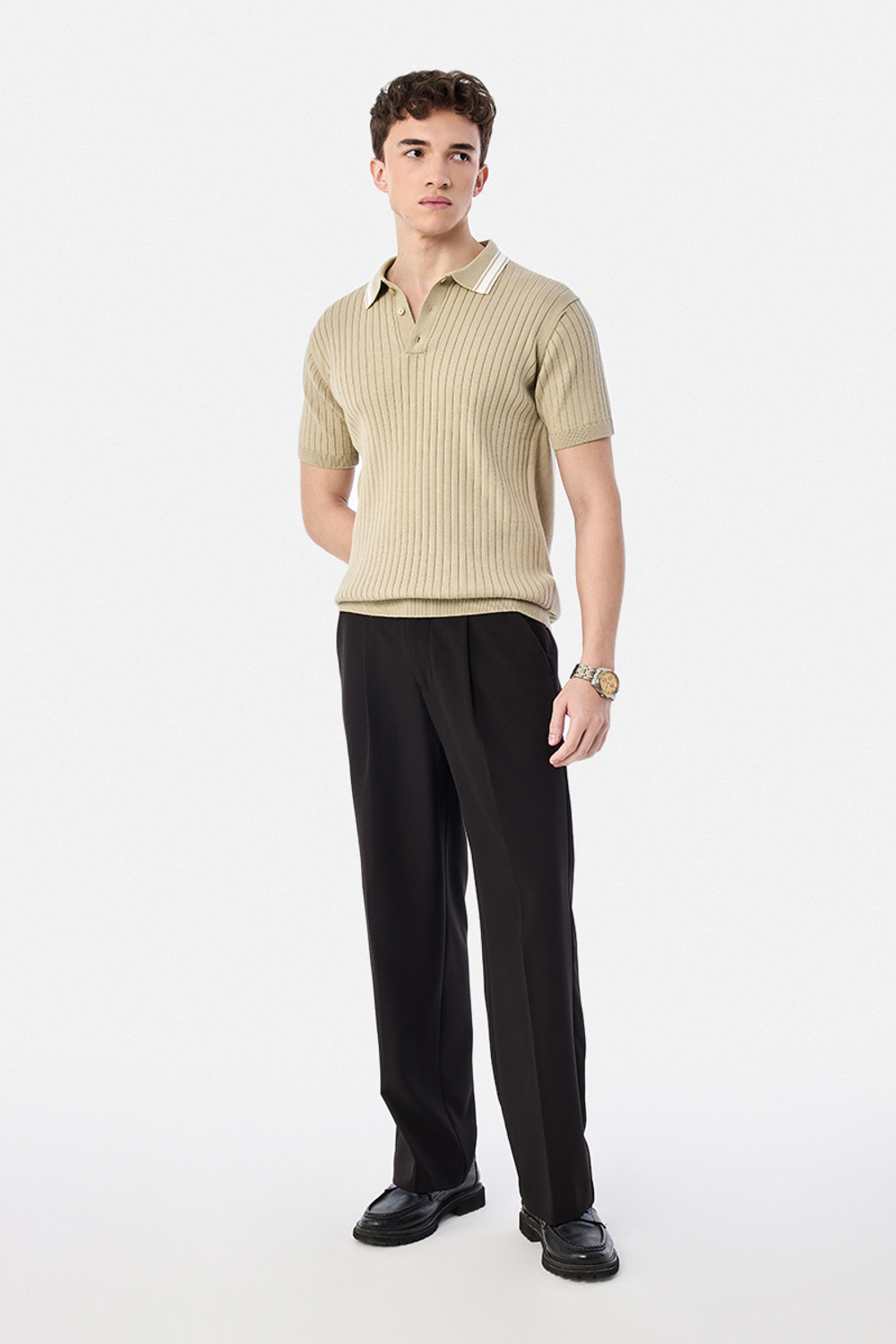 Image of Snitch Striped Men Polo Neck Beige T-Shirt