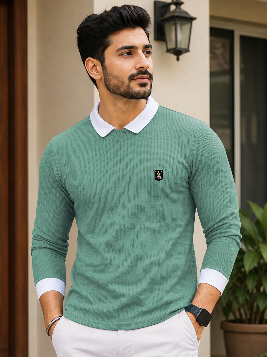 VeBNoR Self Design Men Polo Neck Light Green T-Shirt