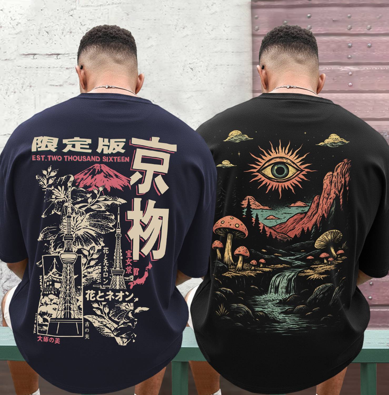 TRIPR Pack of 2 Men Graphic Print Round Neck Cotton Blend Navy Bl