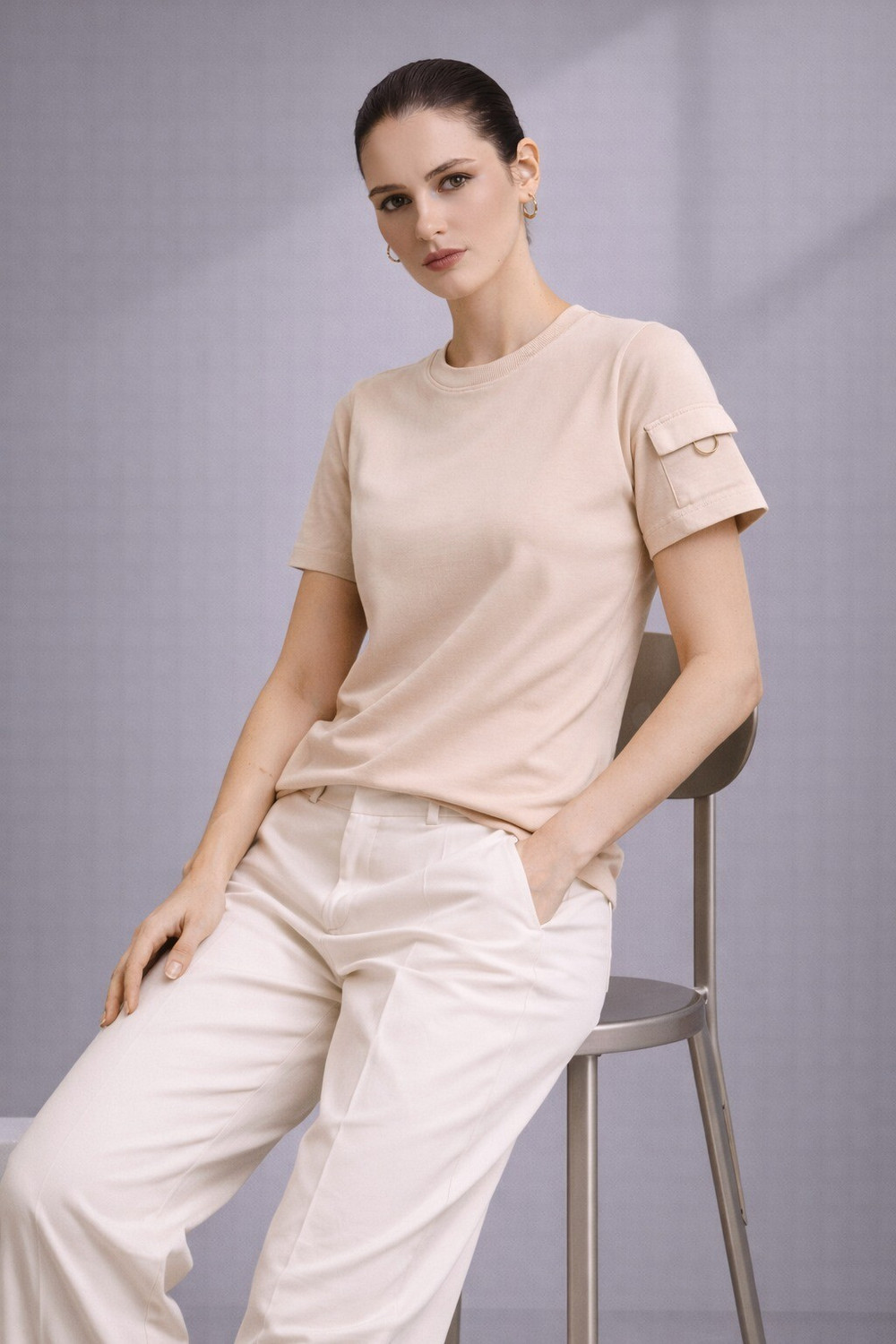 Image of Adyavastram Solid Women Round Neck Beige T-Shirt