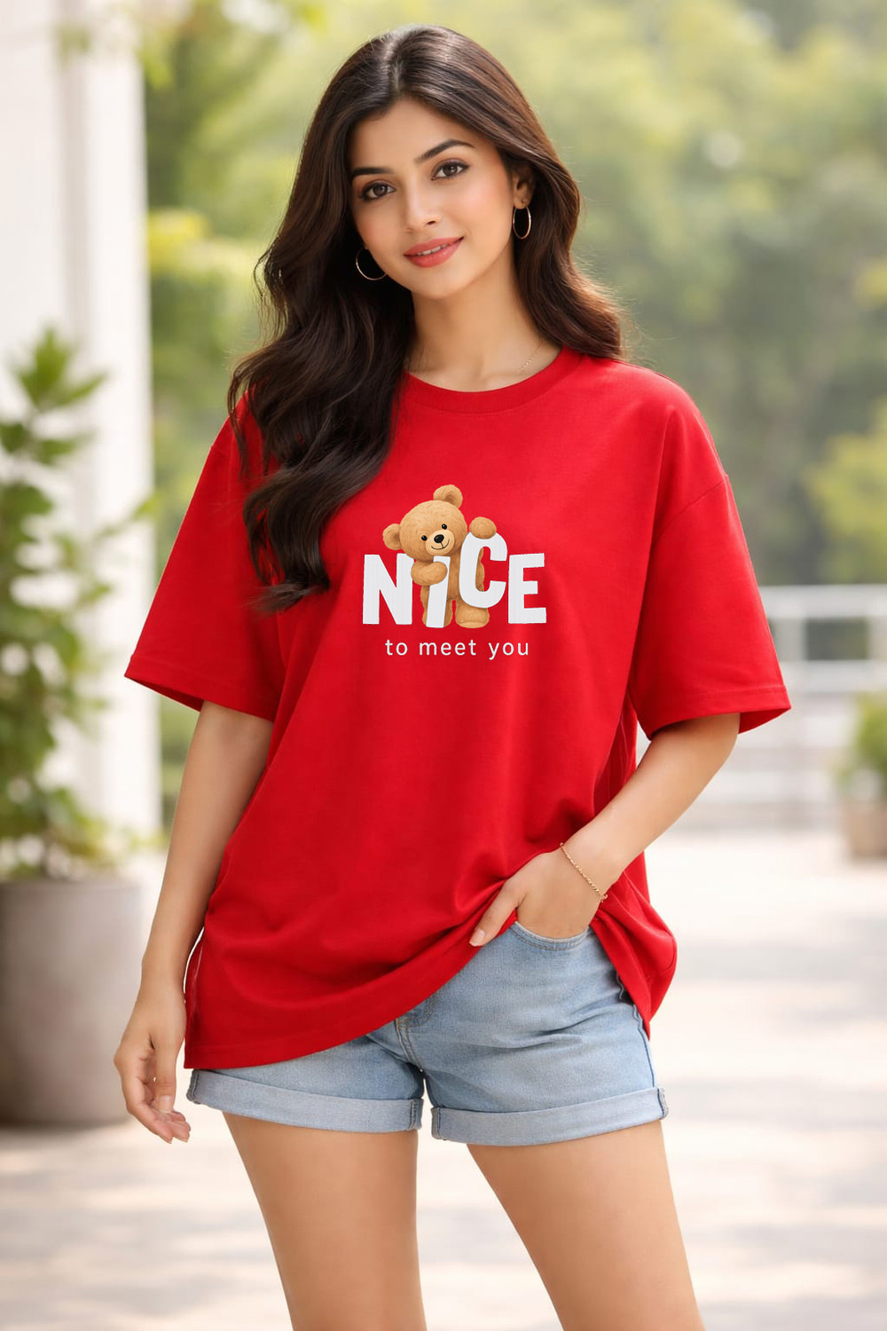 Image of Wellvery Women Printed Round Neck Cotton Blend Red T-Shirt