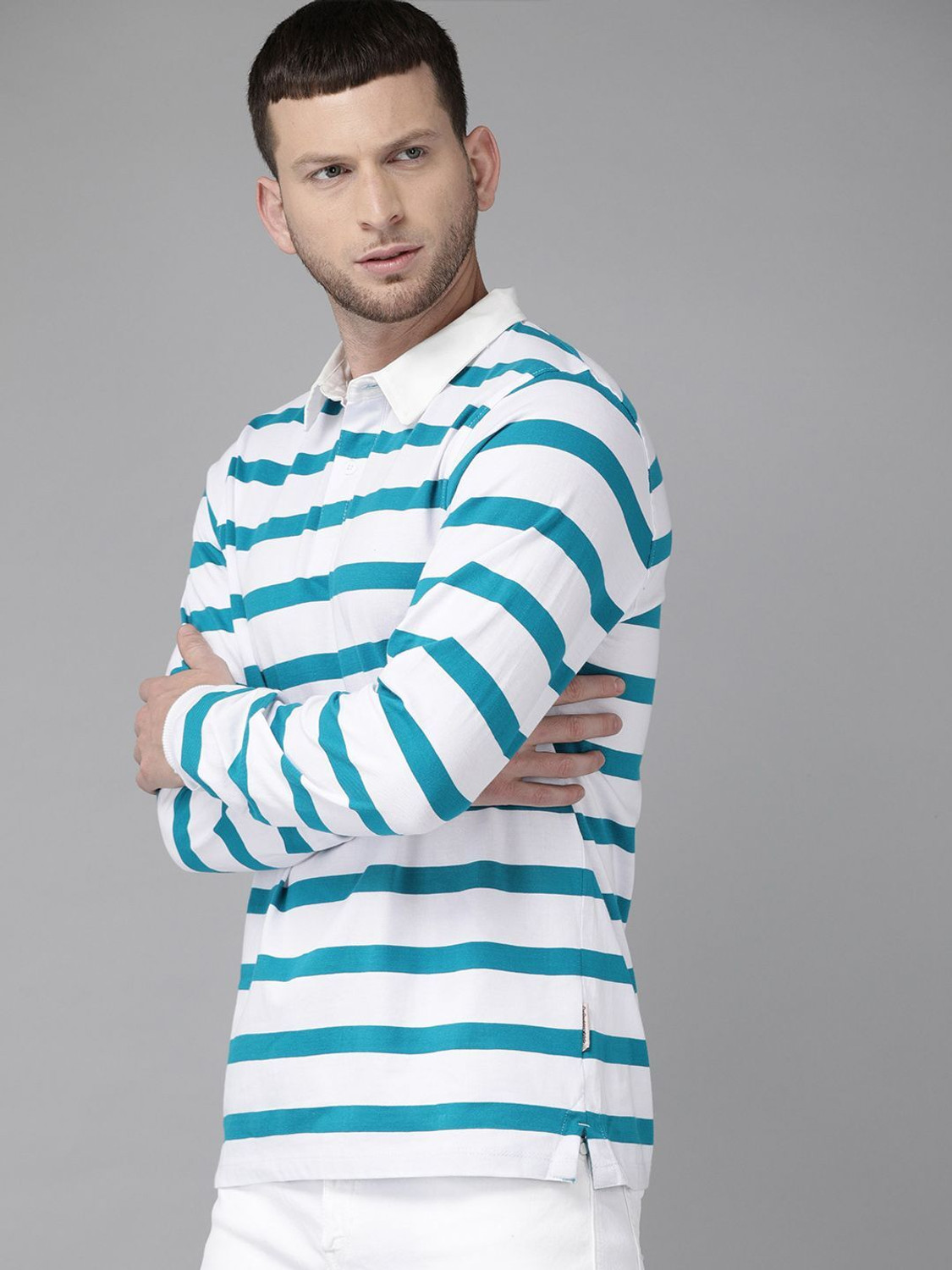 Image of Roadster Striped Men Polo Neck Blue T-Shirt