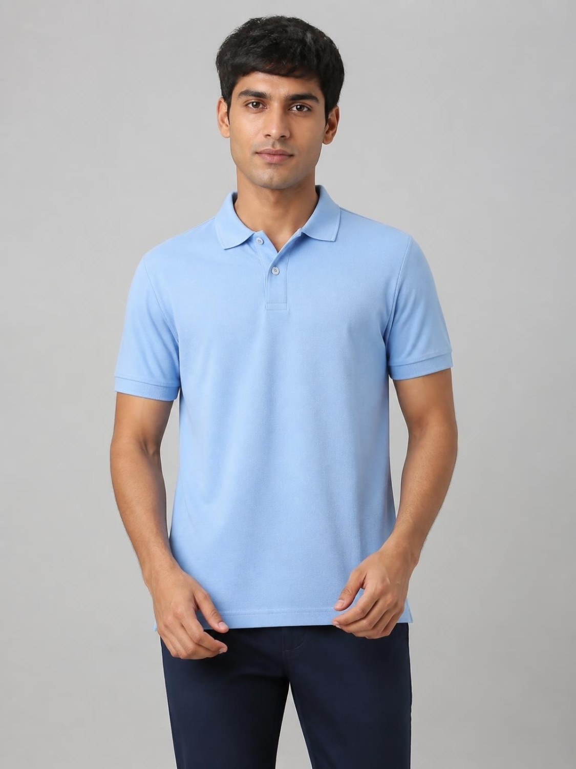 Image of Allen Solly Men Solid Polo Neck Cotton Blend Light Blue T-Shirt