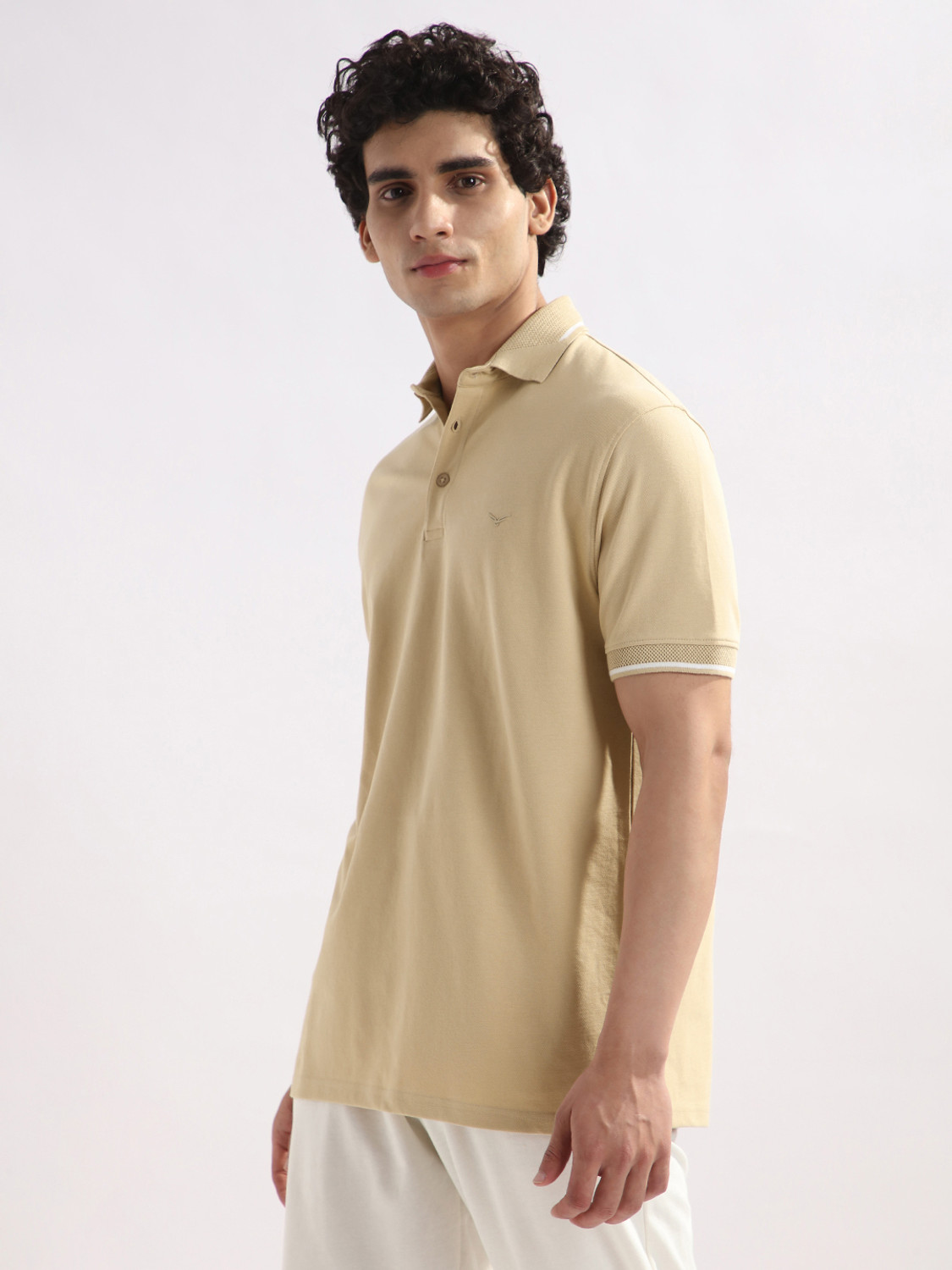 Image of NOBERO Solid Men Polo Neck Beige T-Shirt