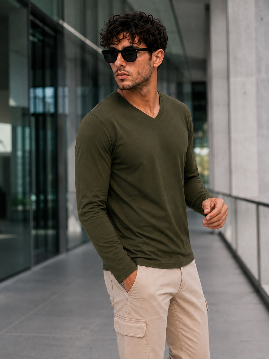 Image of FRISKERS Men Solid V Neck Cotton Blend Green T-Shirt