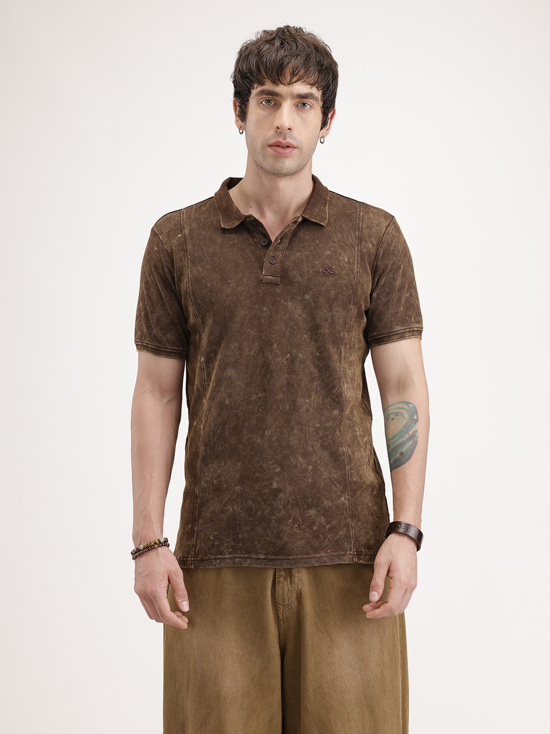 Image of WROGN Washed Men Polo Neck Brown T-Shirt
