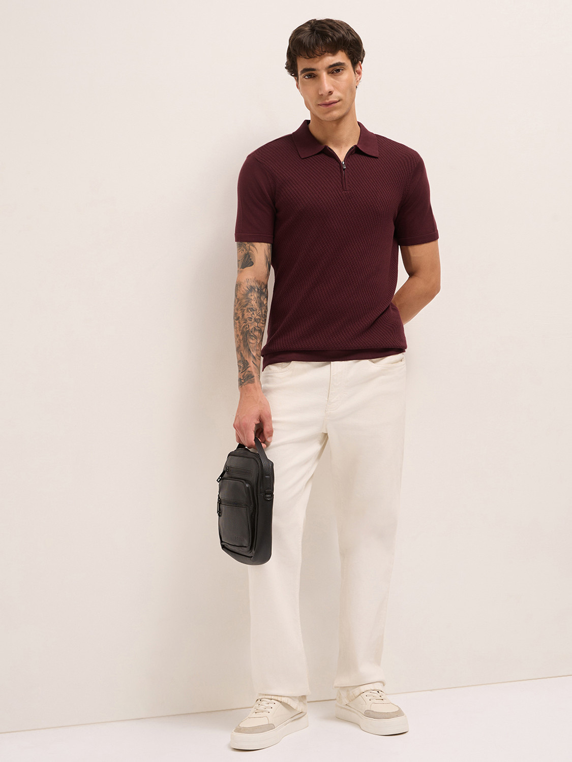Image of THE BEAR HOUSE Self Design Men Polo Neck Maroon T-Shirt
