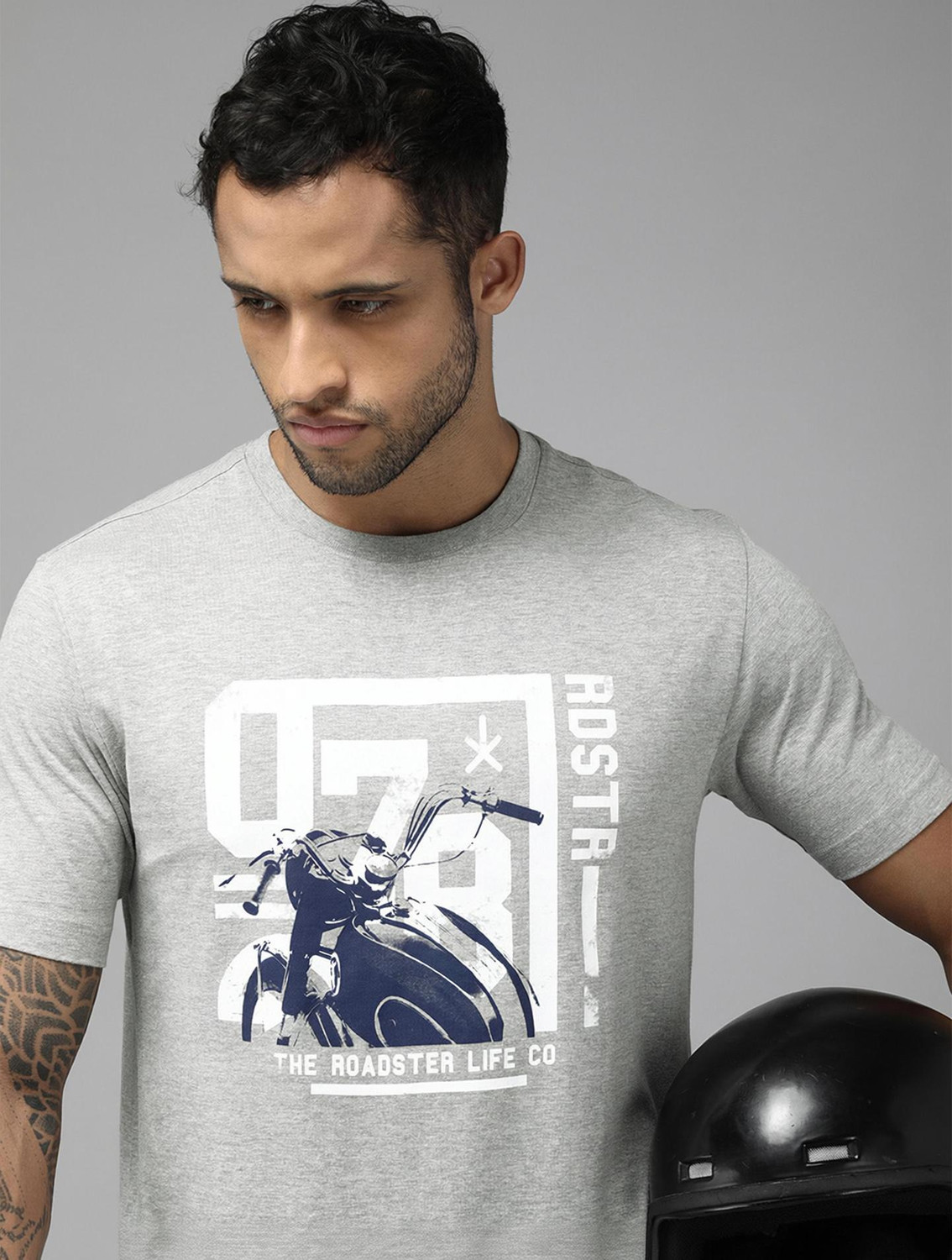 Image of Roadster Graphic Print Men Round Neck Grey T-Shirt