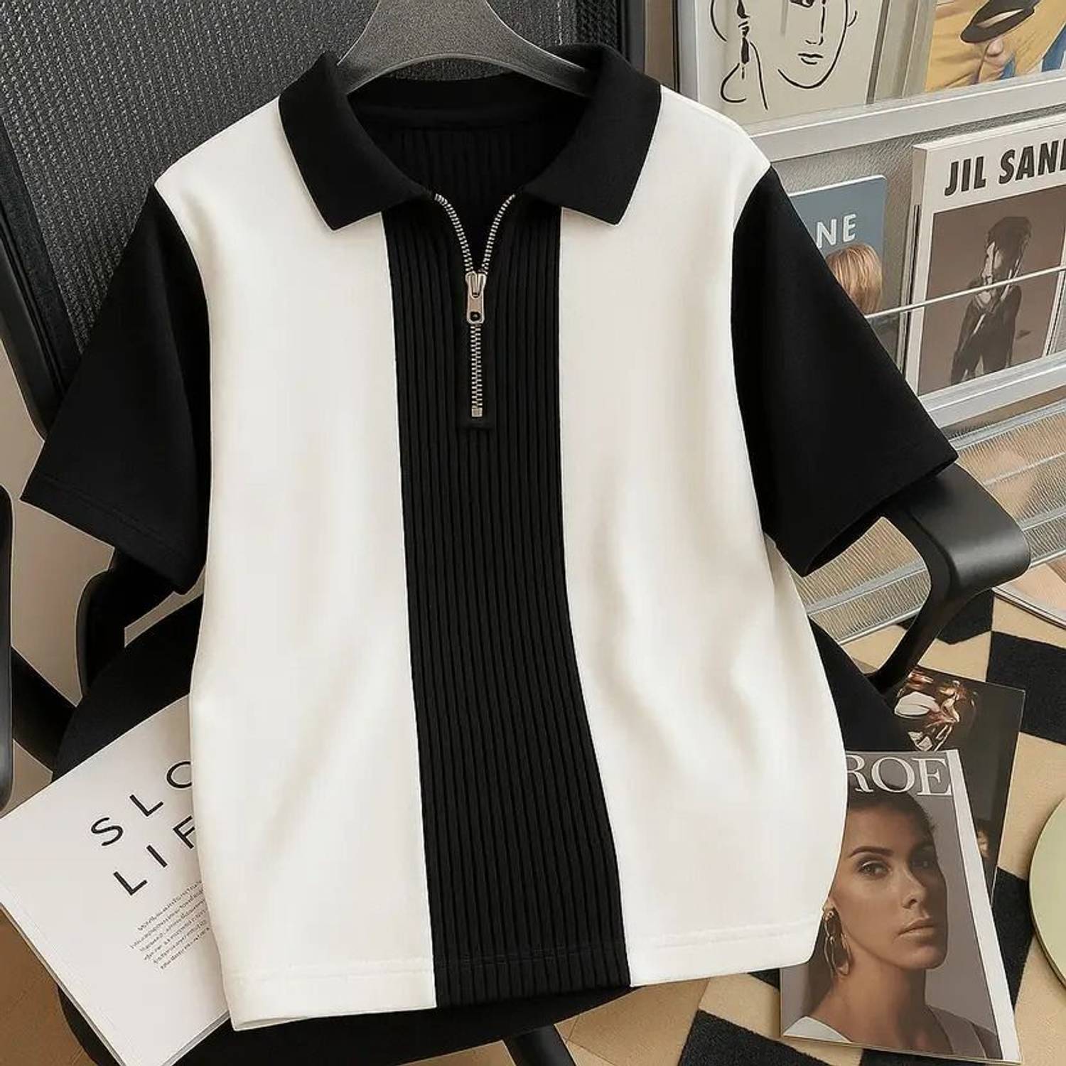 KAJARU Men Striped Zip Neck Polyester Black, Beige T-Shirt