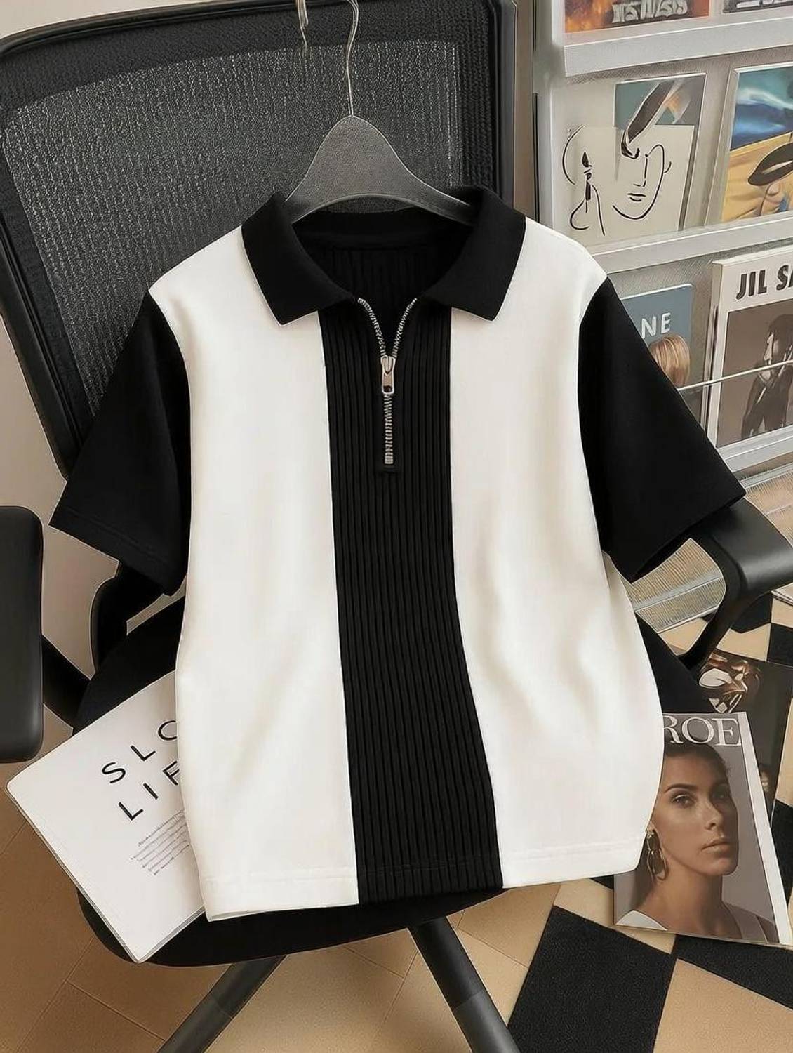 KAJARU Men Zip Neck Black, Beige T-Shirt - Image 1