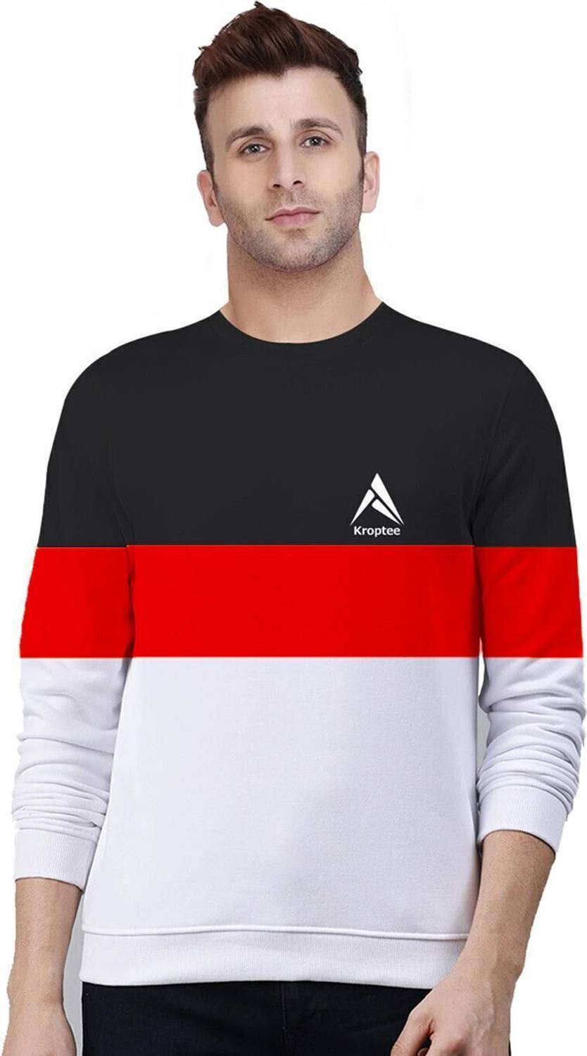 Kroptee Men Colorblock Round Neck Cotton Blend Black, Red, White