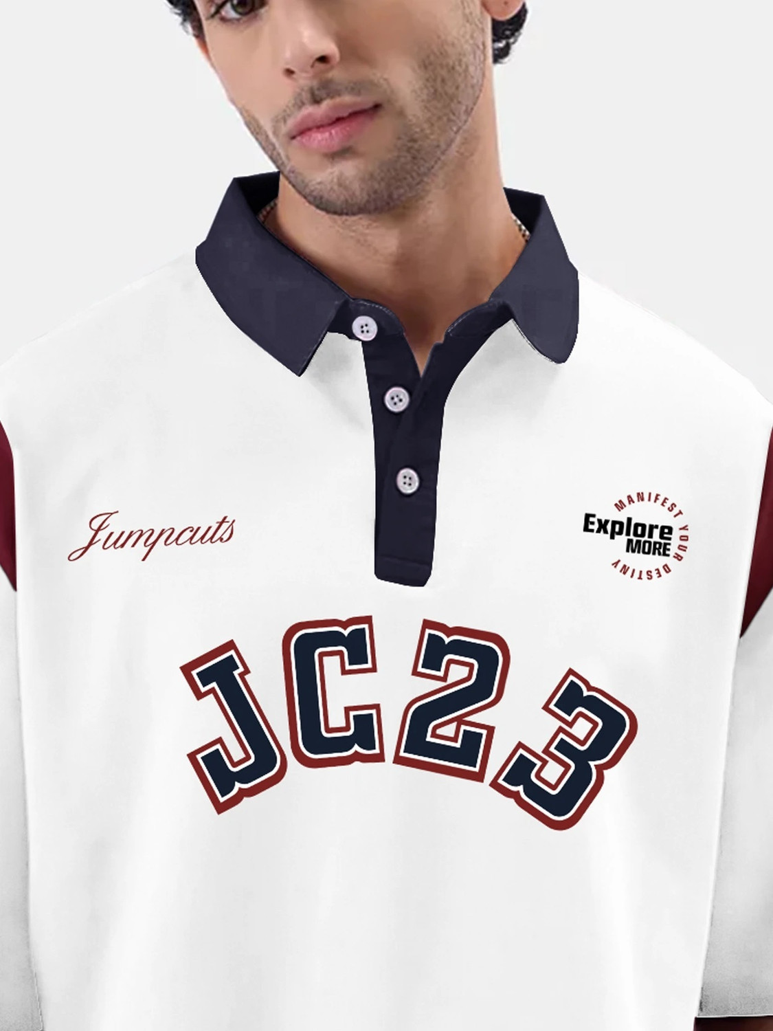 Image of Jump Cuts Printed Men Polo Neck White T-Shirt