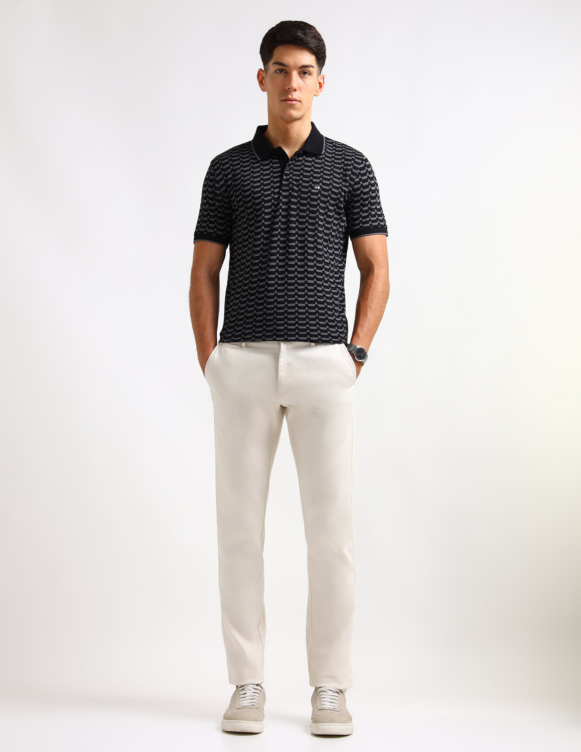 Image of Arrow Sport Geometric Print Men Polo Neck Black T-Shirt