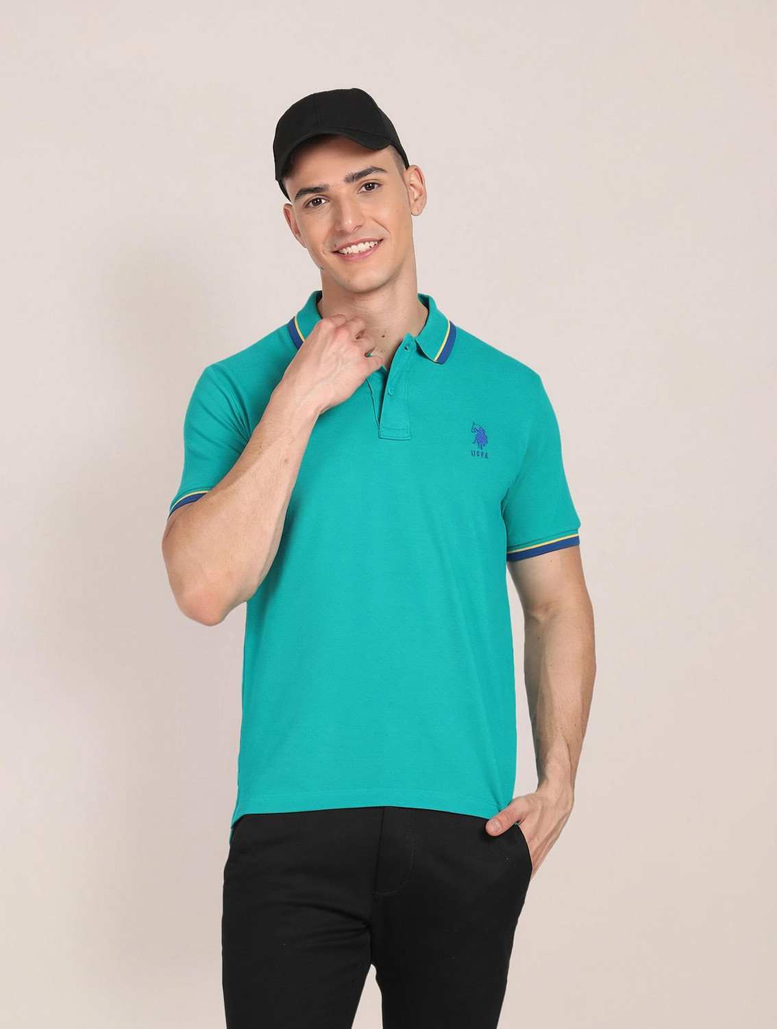 Image of U.S. POLO ASSN. Solid Men Polo Neck Green T-Shirt