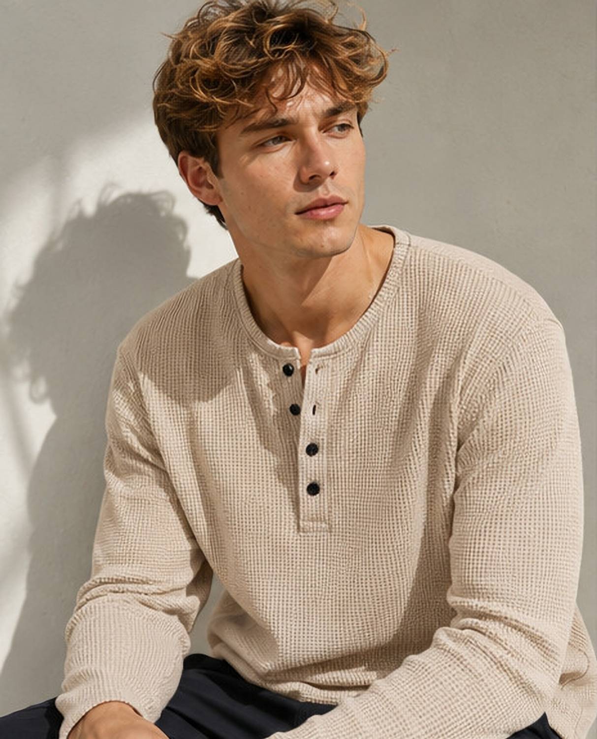 NOOK Men Beige Henley Neck T-Shirt