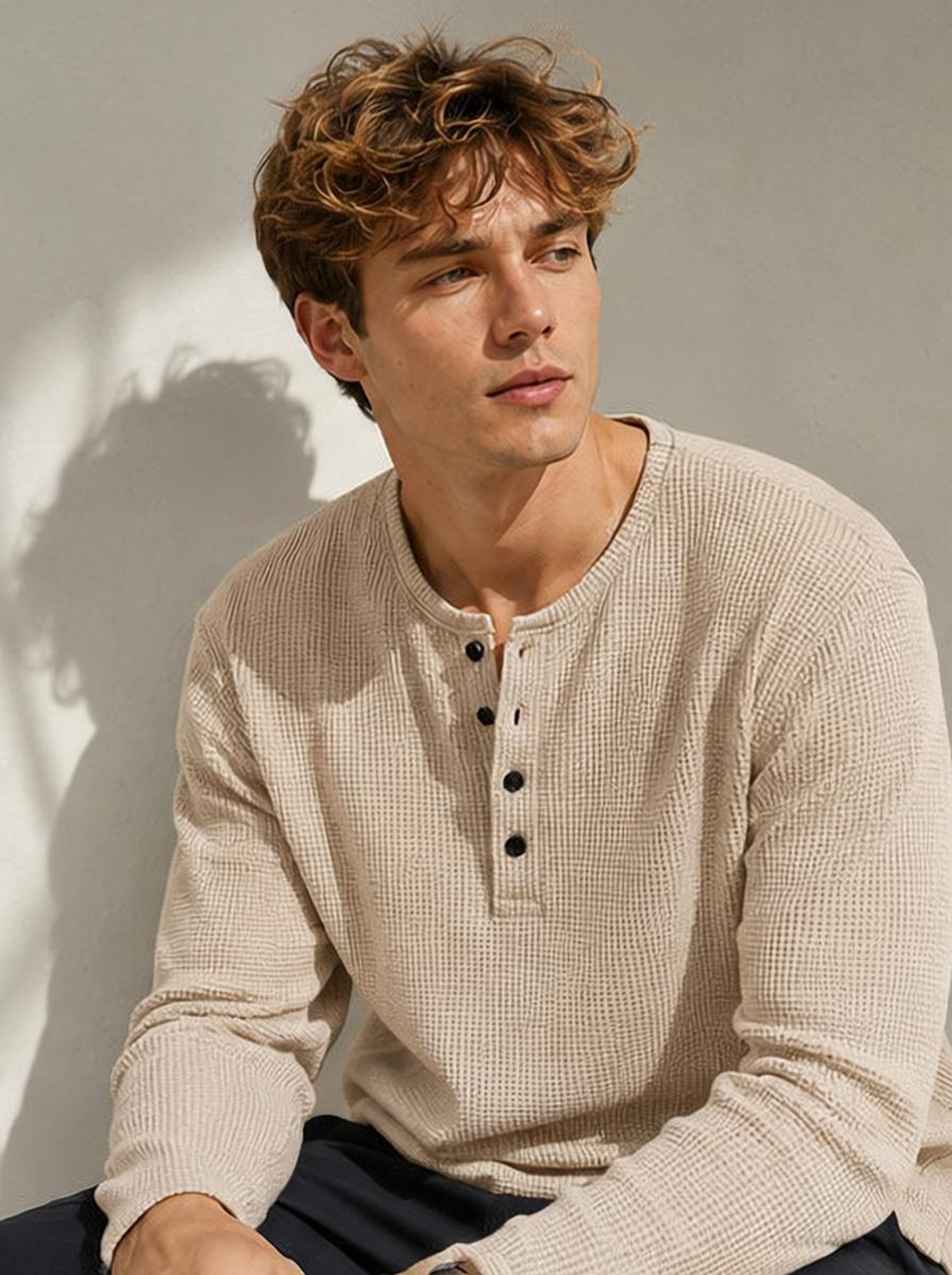 Image of NOOK Self Design Men Henley Neck Beige T-Shirt