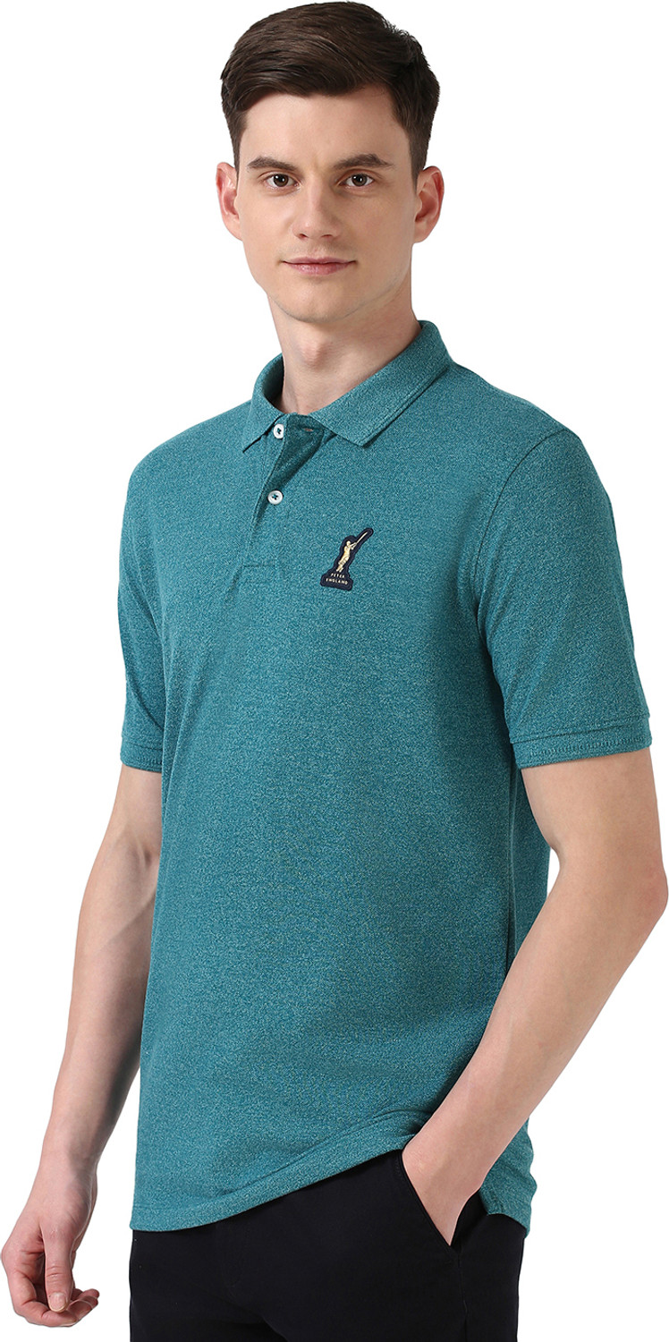 Image of PETER ENGLAND Solid Men Polo Neck Blue T-Shirt
