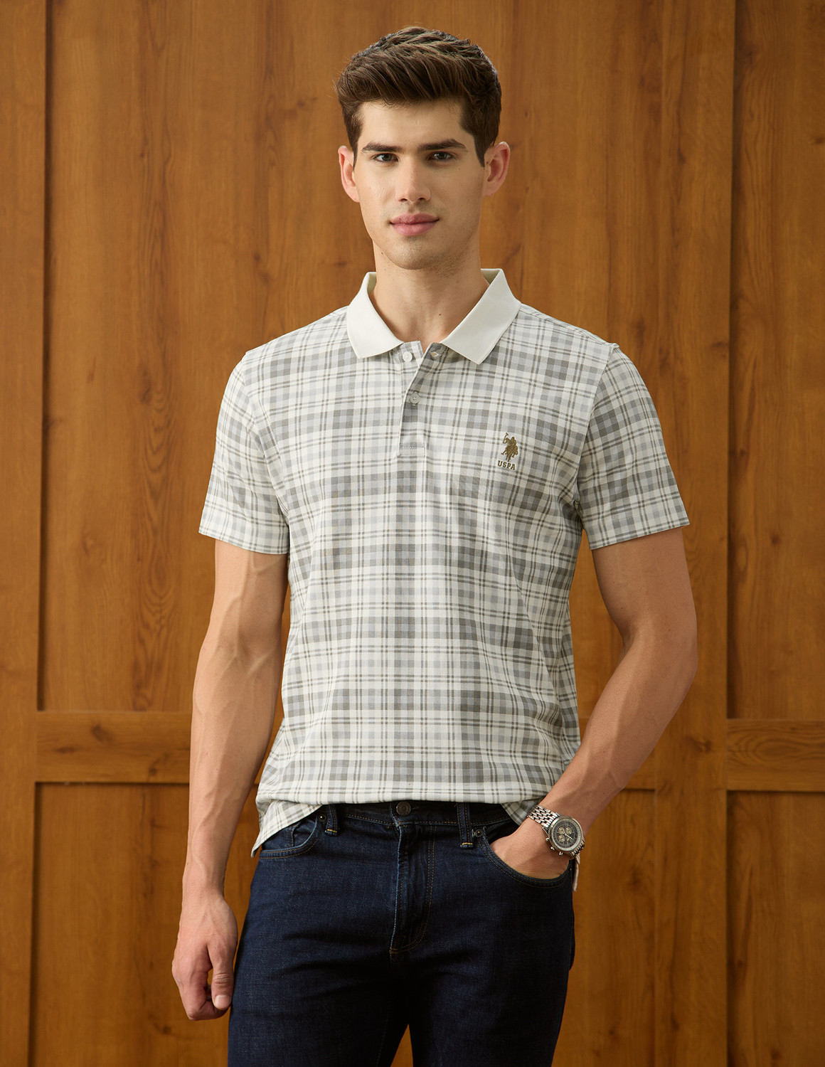 Image of U.S. POLO ASSN. Checkered Men Polo Neck Multicolor T-Shirt