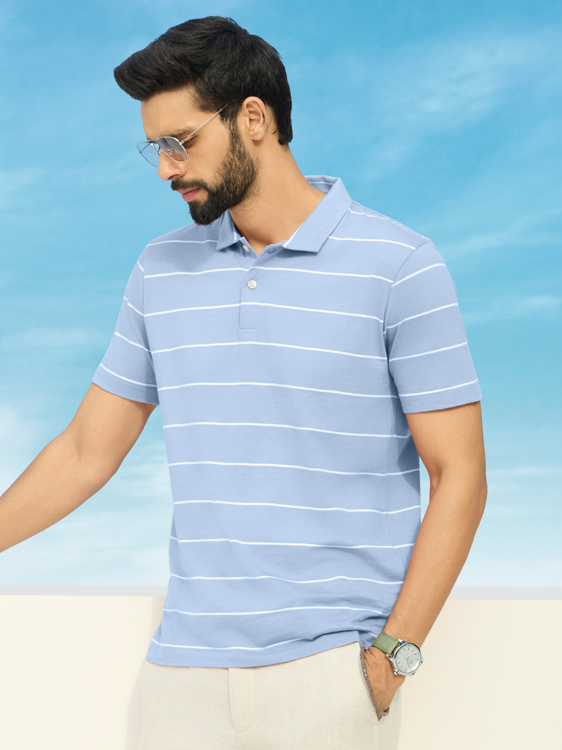 Image of XYXX Striped Men Polo Neck Blue T-Shirt