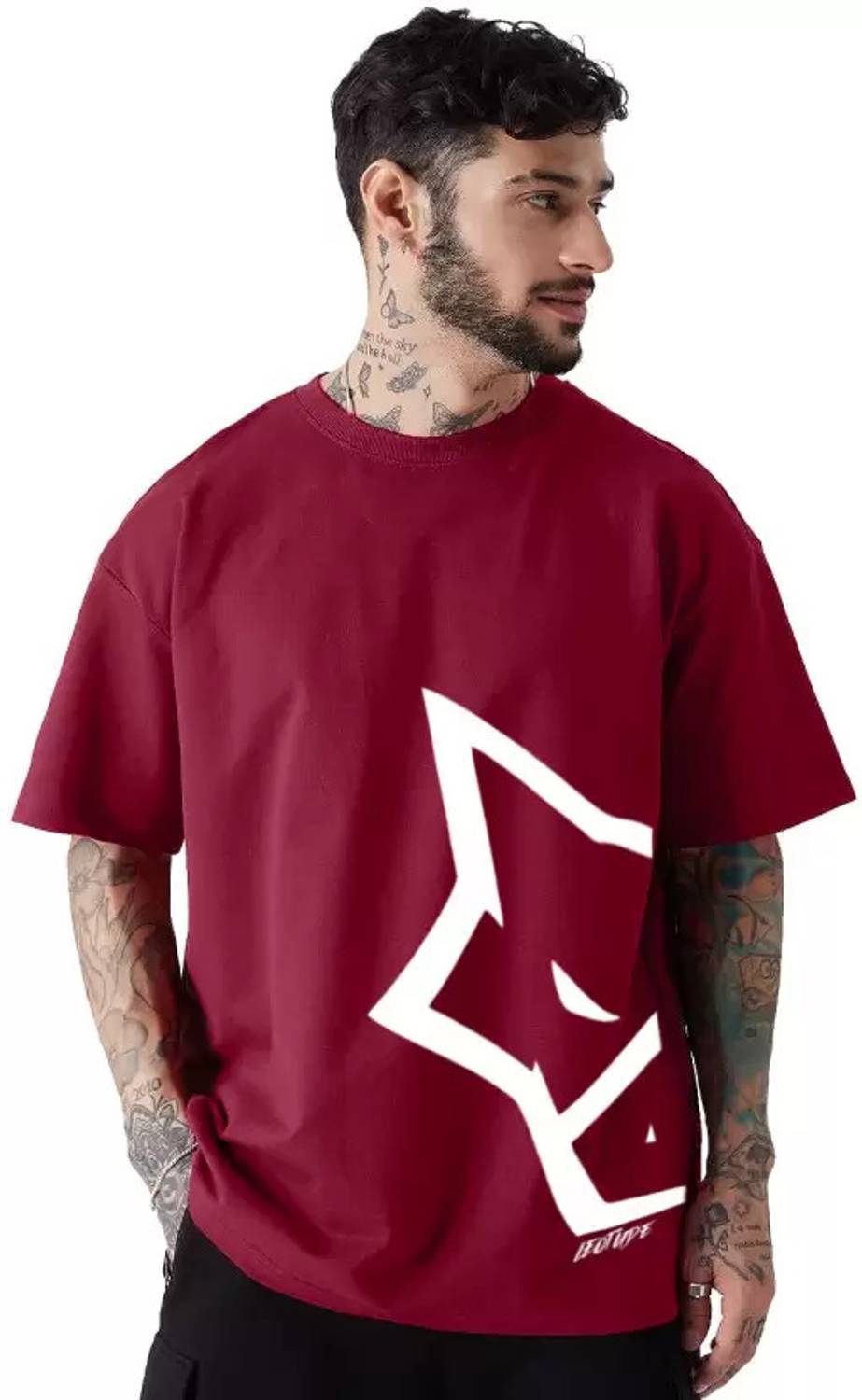 Leotude Men Printed Round Neck Cotton Blend Maroon T-Shirt