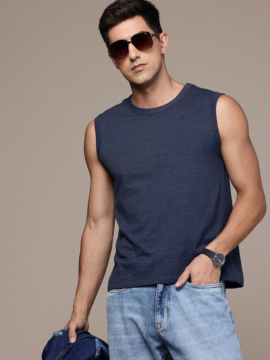 Image of Moda Rapido Solid Men Round Neck Navy Blue T-Shirt