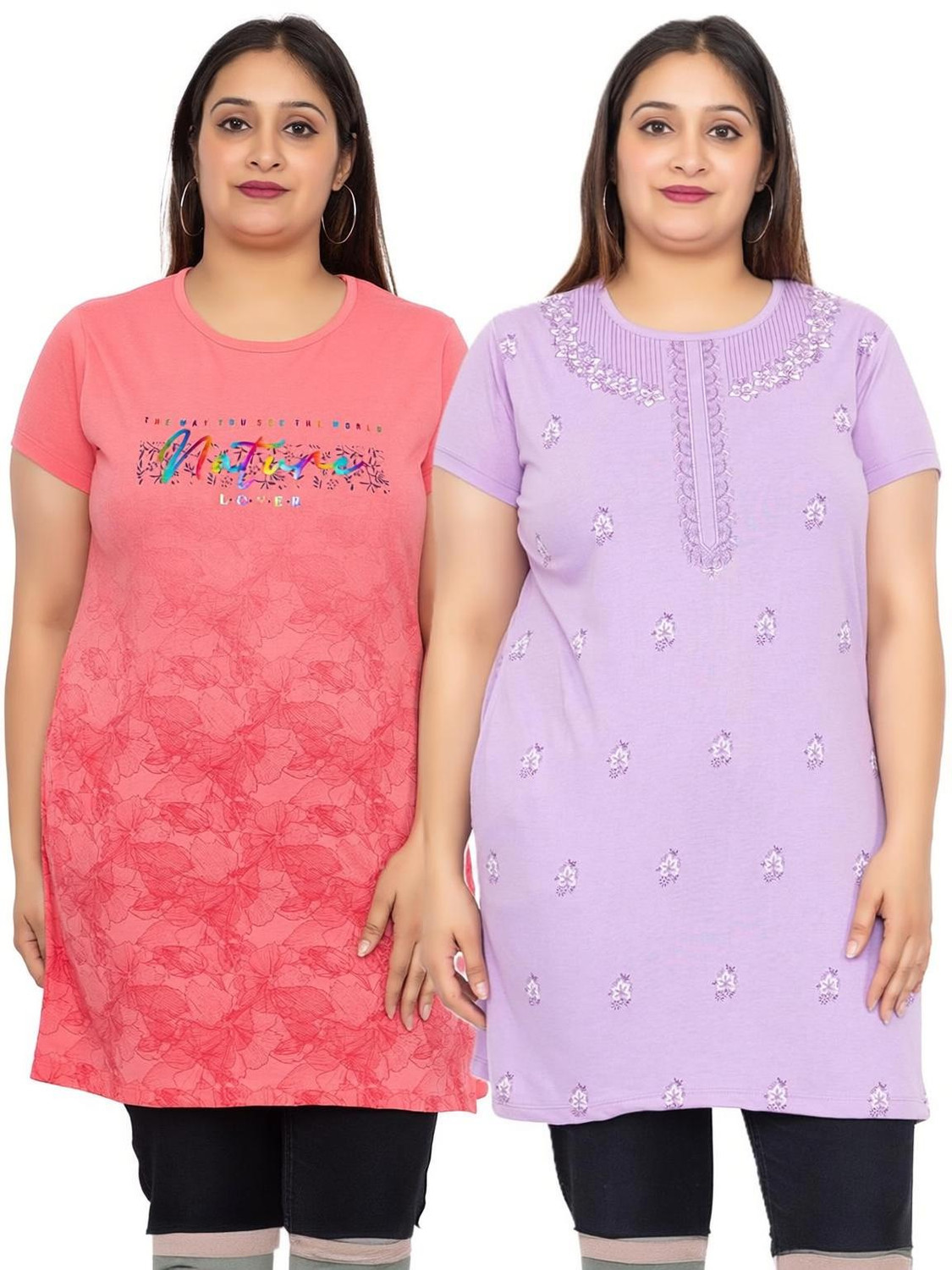Image of Star Touch Floral Print Women Round Neck Purple, Pink T-Shirt