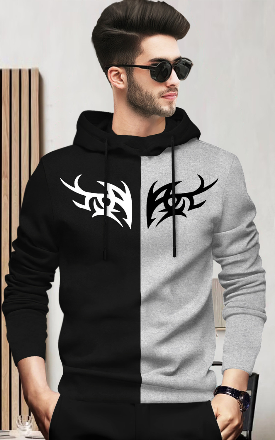 Image of BLIVE Printed Men Hooded Neck Black, Grey T-Shirt