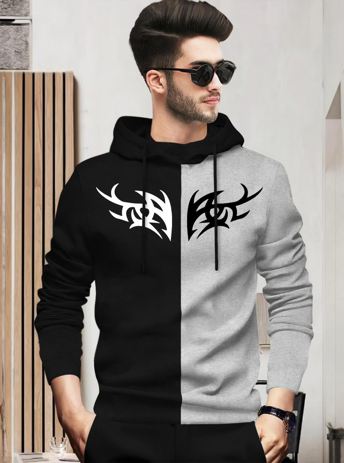 Image of BLIVE Printed Men Hooded Neck Black, Grey T-Shirt