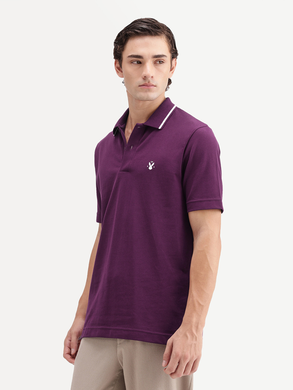Image of RARE RABBIT Solid Men Polo Neck Purple T-Shirt