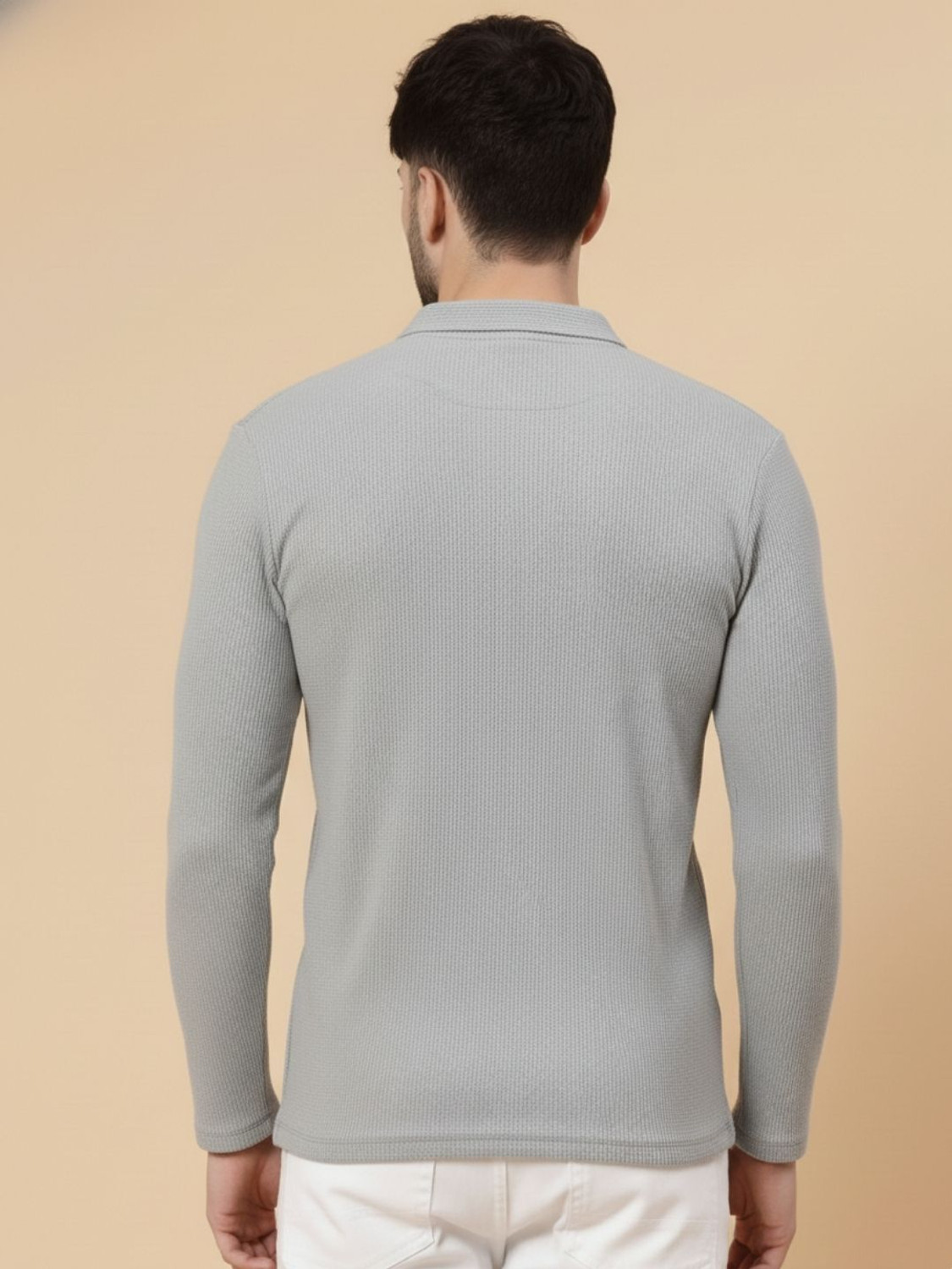 Image of RIGO Self Design Men Polo Neck Grey T-Shirt