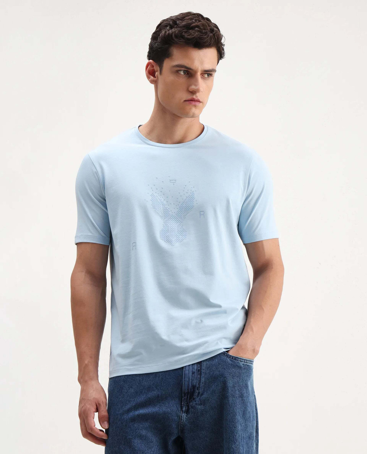 Image of RARE RABBIT Graphic Print Men Crew Neck Blue T-Shirt