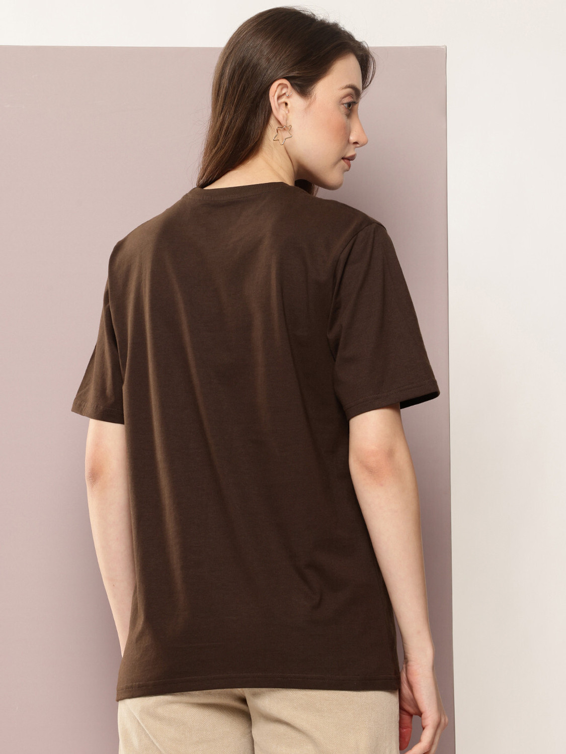 Image of Deklook Printed Women Round Neck Brown T-Shirt