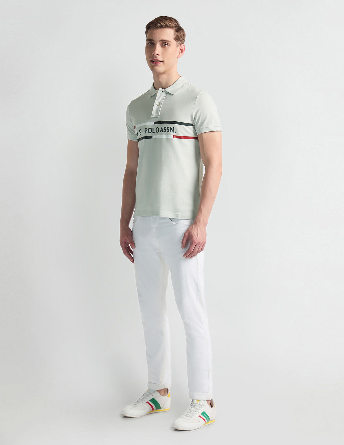 Image of U.S. POLO ASSN. Typography, Striped Men Polo Neck Grey T-Shirt