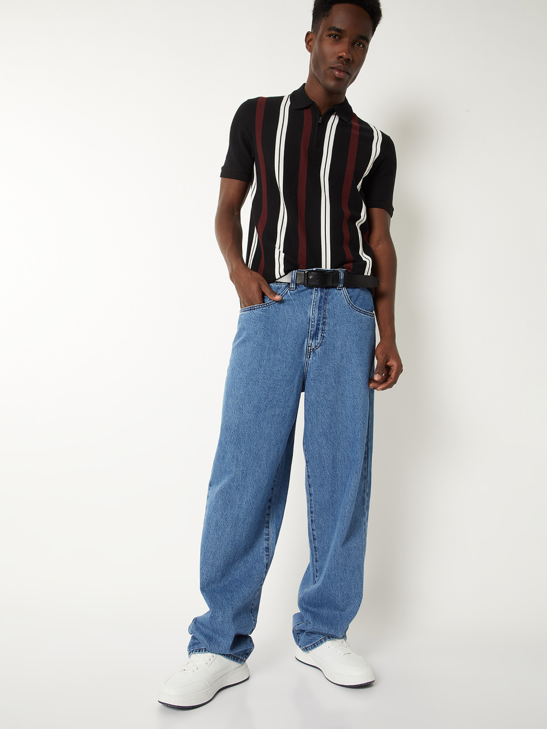 Image of MAX Striped Men Polo Neck Black T-Shirt