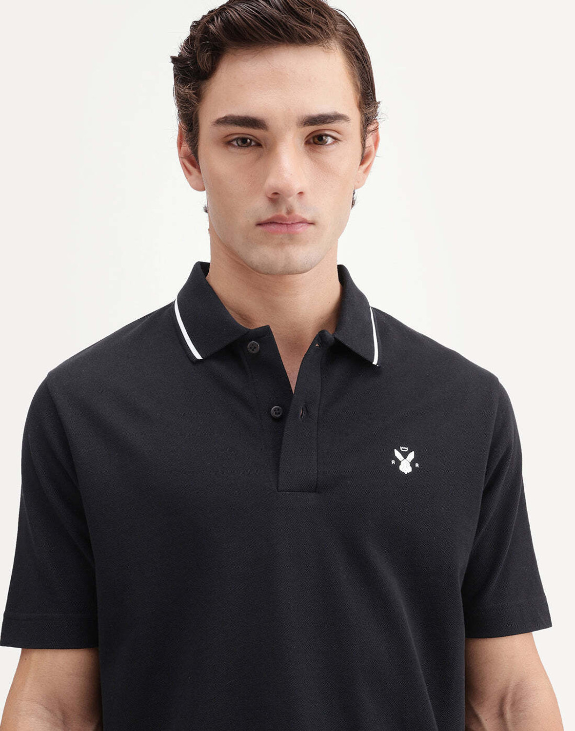 Image of RARE RABBIT Men Solid Polo Neck Cotton Blend Black T-Shirt