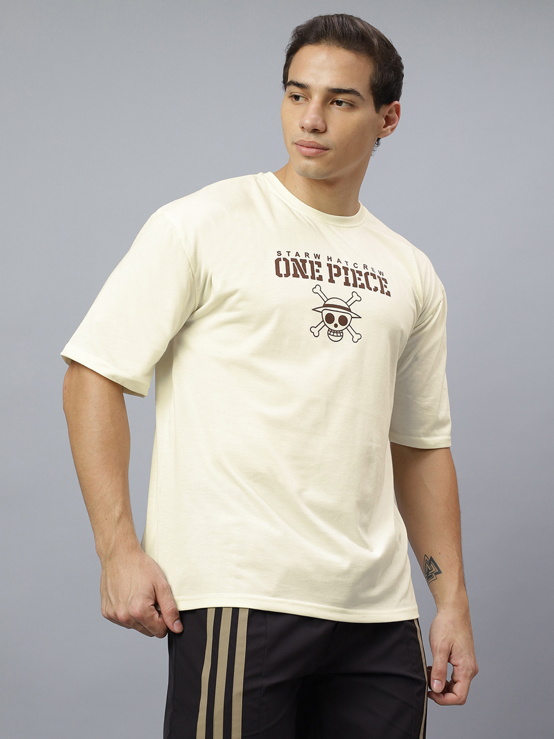 Image of Crazybee - CB Graphic Print Men Round Neck Beige T-Shirt