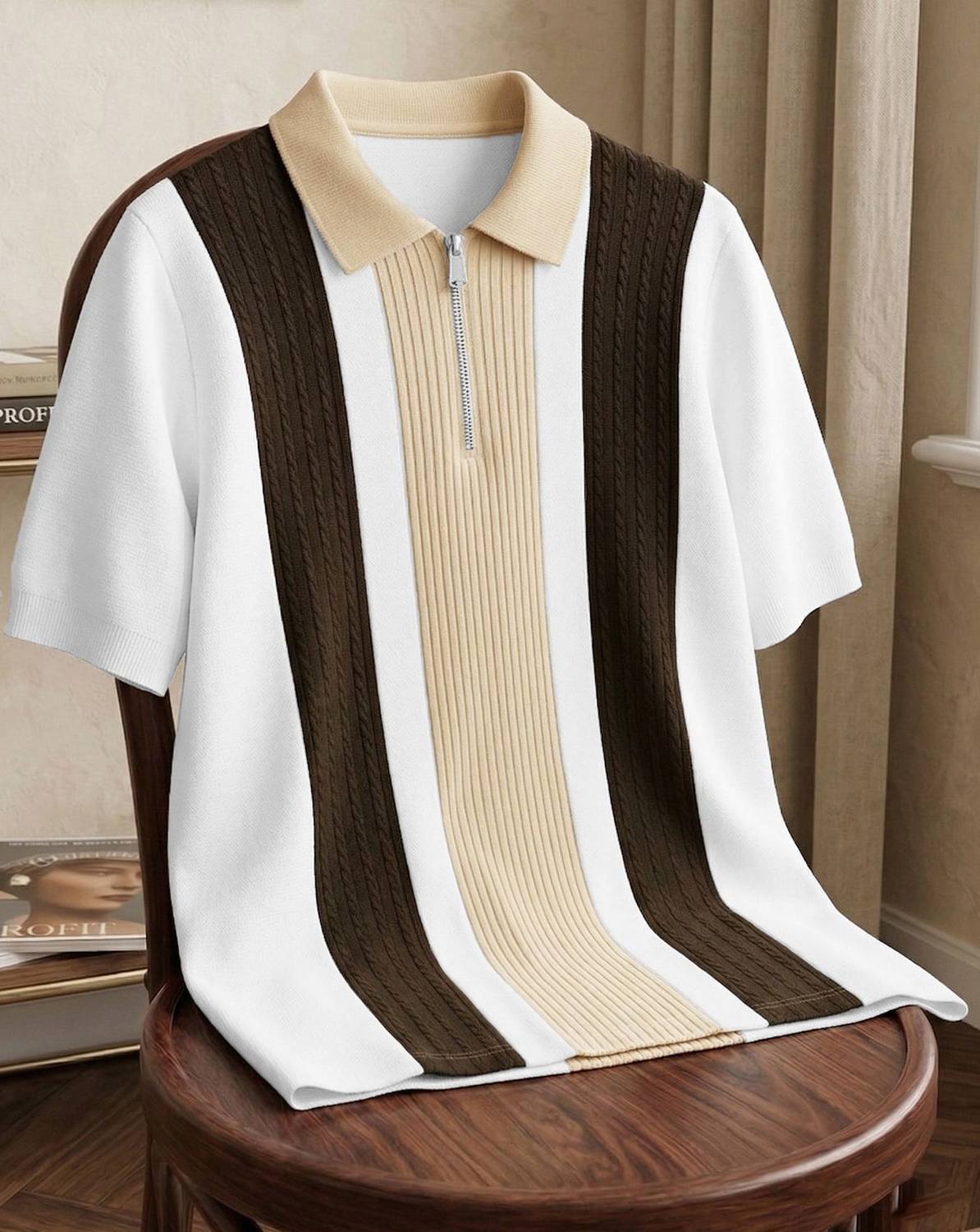 AOOSH Striped Polo Neck White T-Shirt