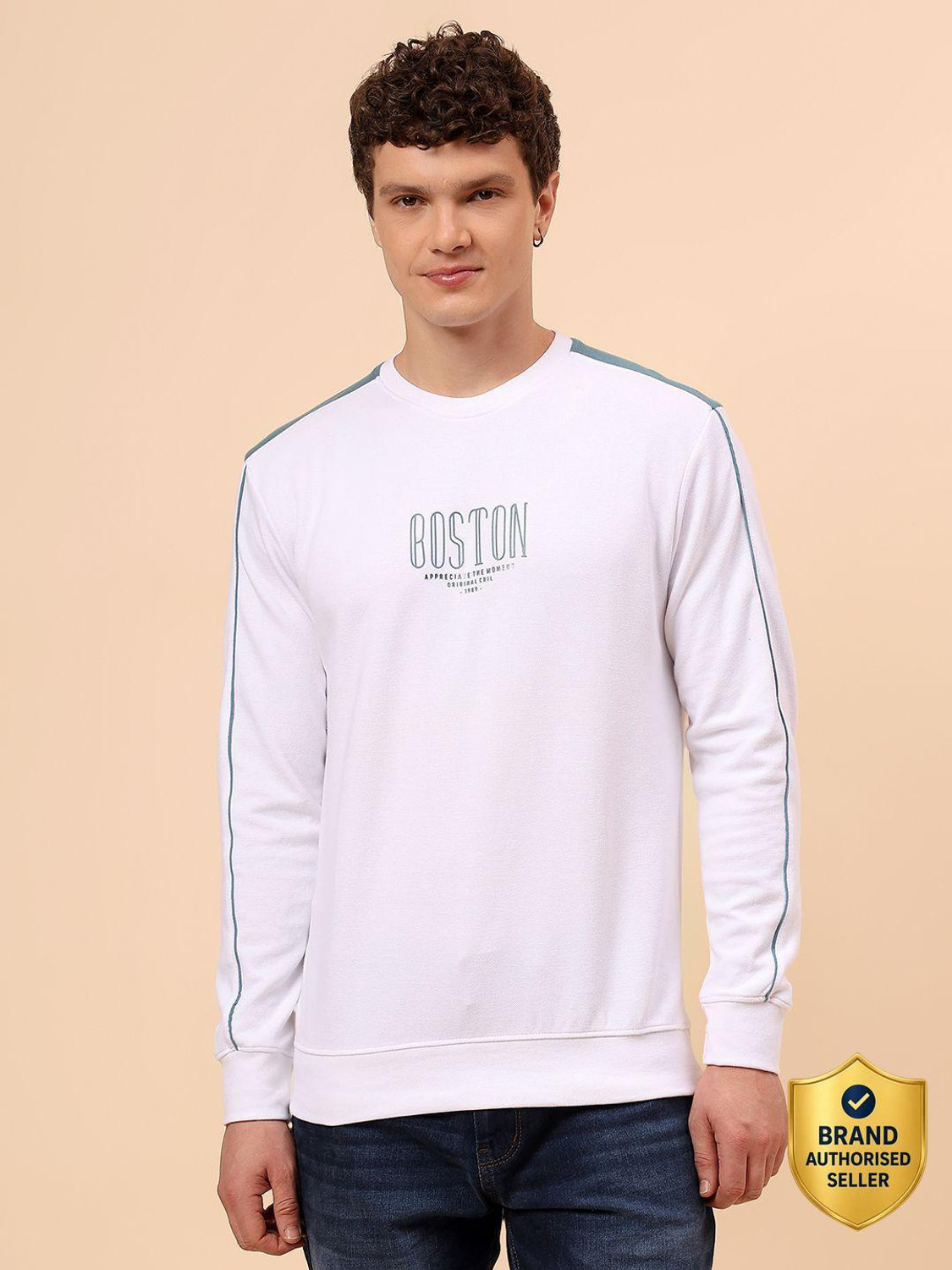 Image of CANTABIL Men Printed Round Neck Polycotton White T-Shirt
