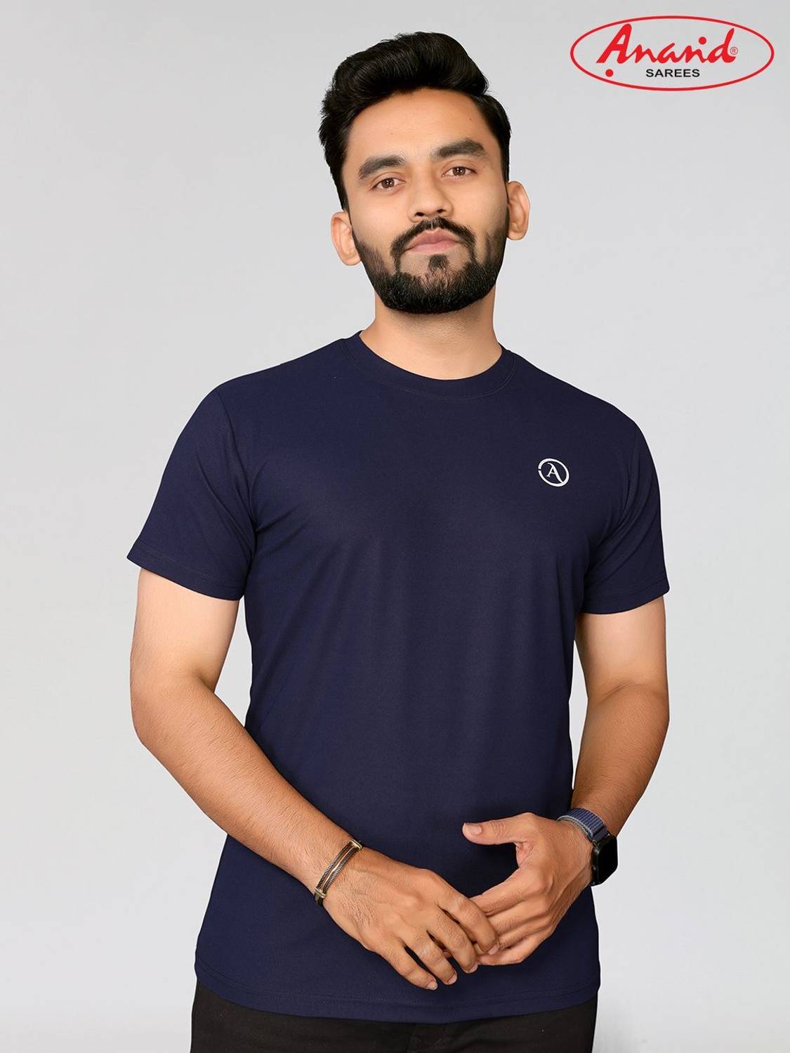 ANAND Solid Men Round Neck Dark Blue T-Shirt