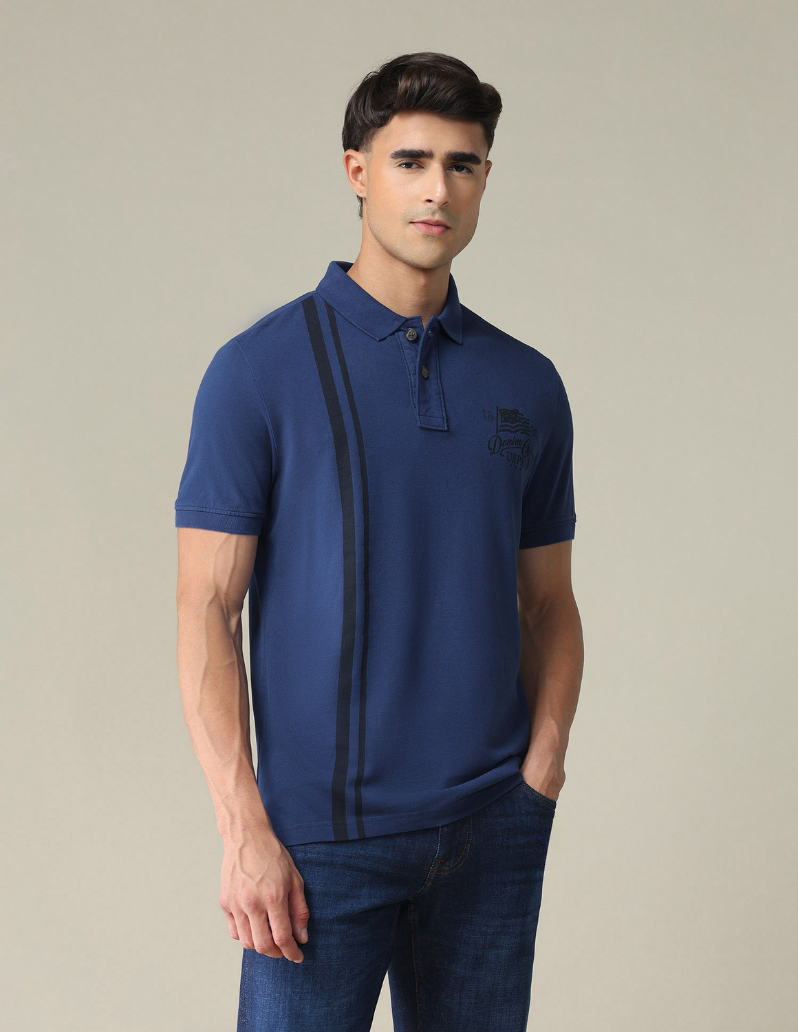Image of U.S. POLO ASSN. Solid Men Polo Neck Blue T-Shirt