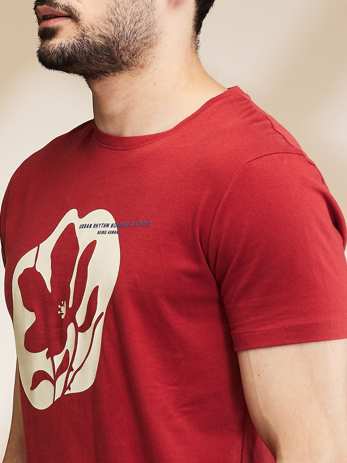 Image of BEING HUMAN Printed Men Crew Neck Red T-Shirt